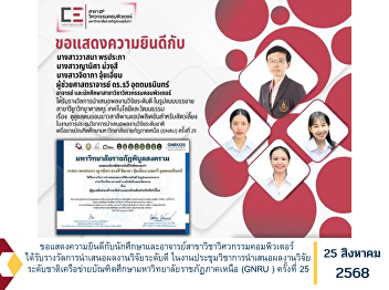 Congratulations to the students and
lecturers of the Computer Engineering
Program for receiving the Outstanding
Research Presentation Award at the 25th
National Graduate Network Research
Conference of Northern Rajabhat
Universities (GNRU).